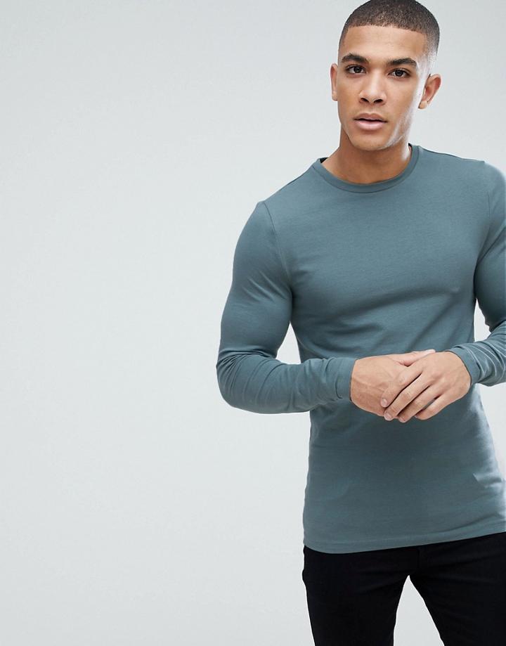 Asos Muscle Fit T-shirt With Long Sleeves - Blue