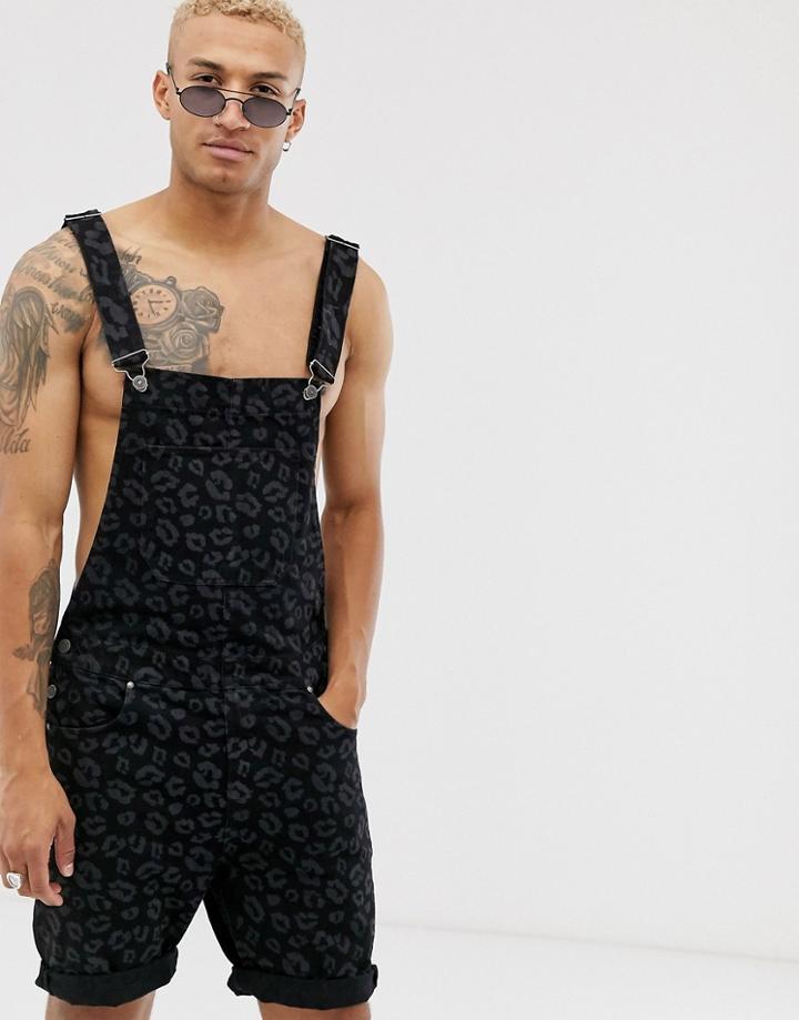 Asos Design Denim Overall In Black Leopard Print