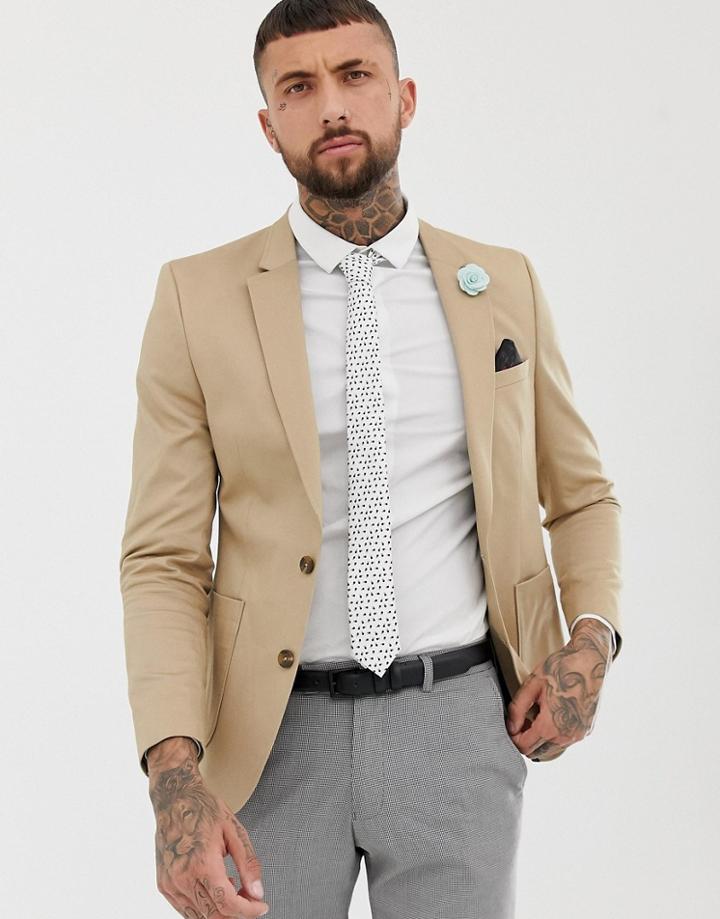 Asos Design Skinny Cotton Blazer In Tan - Tan