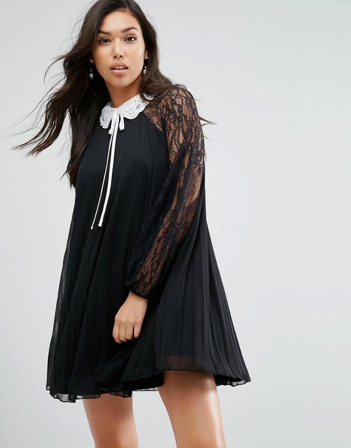Asos Embellished Collar Pleated Lace Sleeve Dress - Black