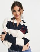Pull & Bear Varsity Striped Top With Collar And La Logo In Black And White-multi