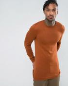 Asos Longline Muscle Fit Sweater In Dark Tan - Tan
