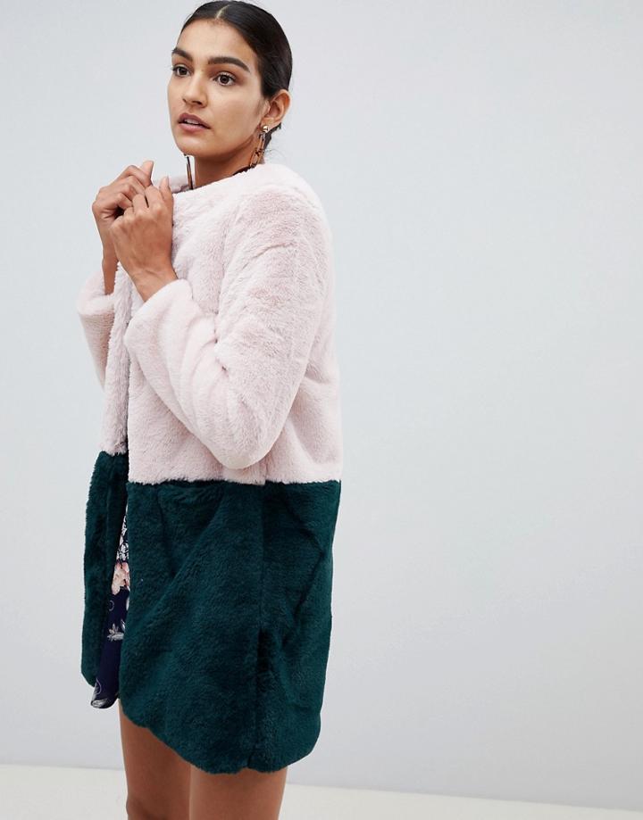 Angel Eye Color Block Faux Fur Coat-multi