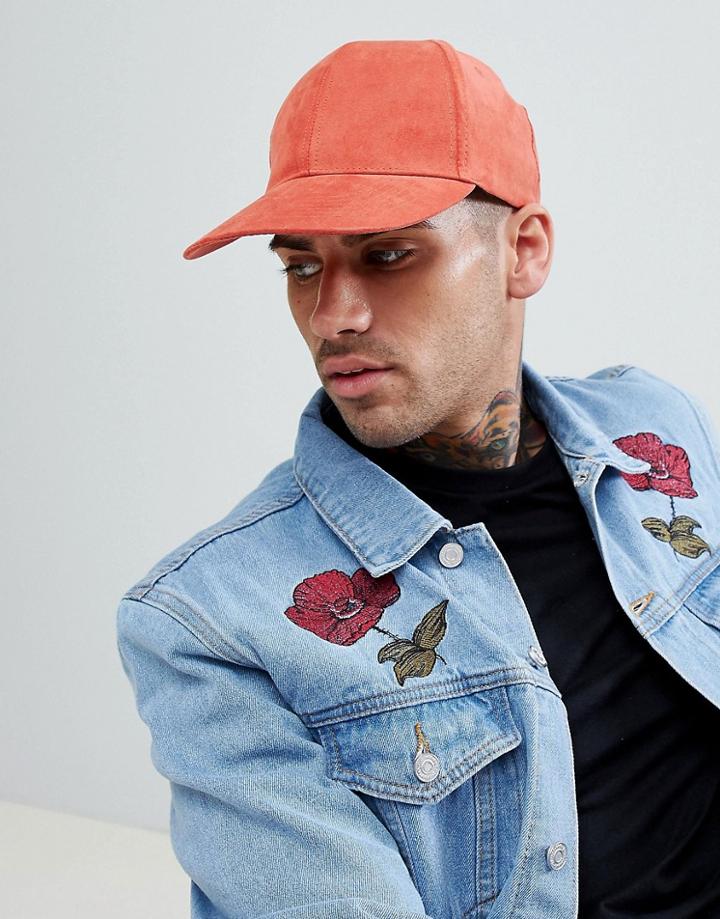 New Look Faux Suede Cap In Orange - Orange
