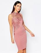 Club L Crochet Detail Mini Dress With High Neck - Dusky Pink