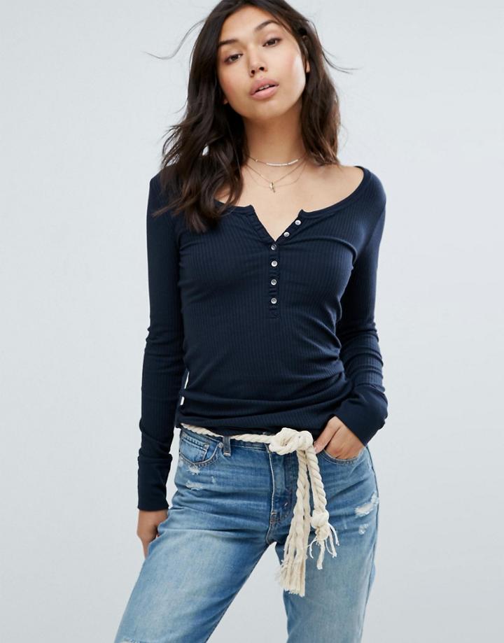 Abercrombie & Fitch Button Up V Neck T-shirt - Navy