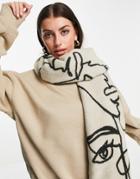 Asos Design Abstract Face Jacquard Woven Scarf In Stone And Black-multi