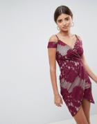 Ax Paris Contrast Lace Wrap Dress - Purple