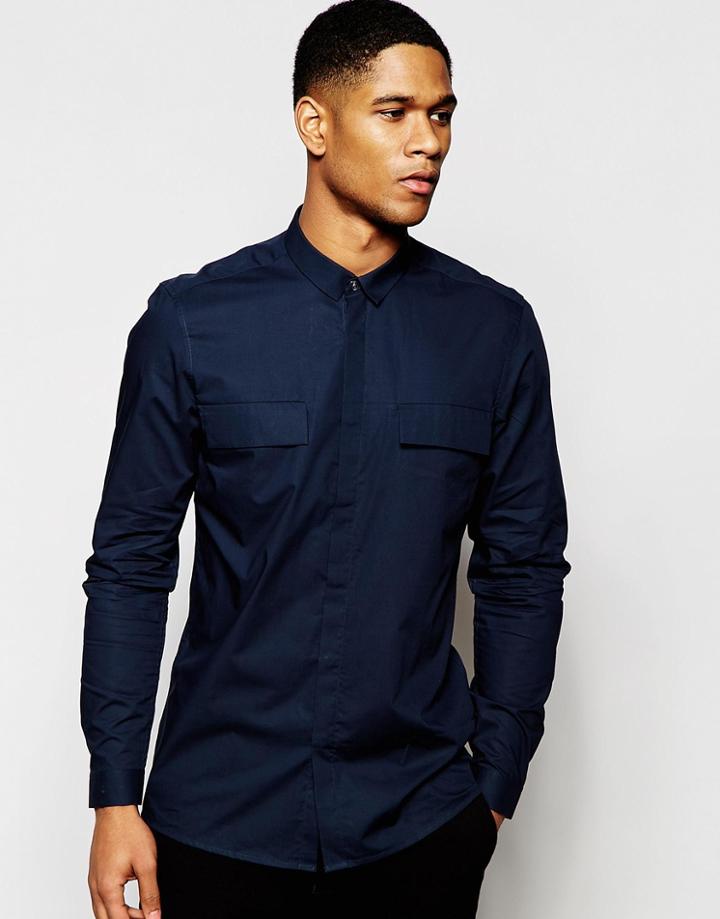 Asos Military Shirt In Navy With Long Sleeves - Navy