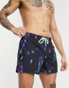 Asos Design Swim Shorts In Floral In Short Length-green