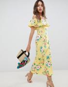 Asos Design Bardot Fit And Flare Maxi Dress In Tropical Print - Multi