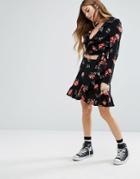 Nobody's Child Mini Ruffle Skirt In Rose Print Co-ord - Black