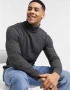 Asos Design Muscle Fit Cable Roll Neck Sweater In Charcoal-grey