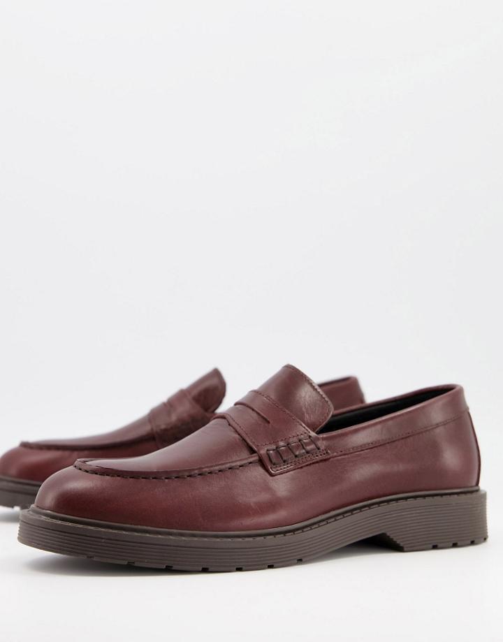 Selected Homme Leather Penny Loafers With Chunky Sole In Burgundy-red