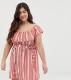 Asos Design Curve Off Shoulder Pique Stripe Sundress With Belt - Multi