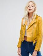 Bershka Faux Leather Biker Jacket - Yellow