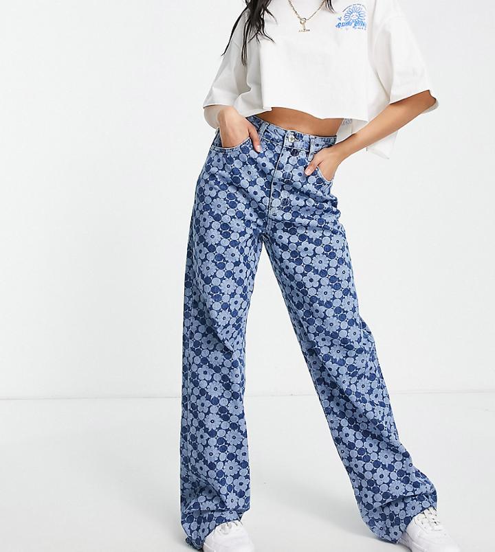 Stradivarius Petite Printed Dad Jean In Blue Flower Print