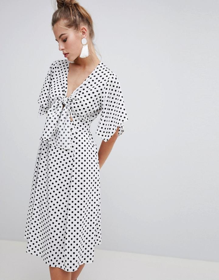 Boohoo Knot Front Polka Dot Midi Dress - White