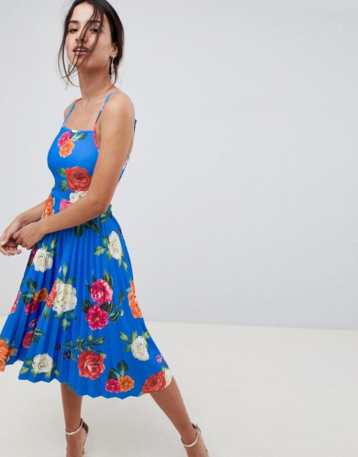 Asos Design Scuba Floral Cami Pleated Midi Prom Dress - Multi