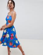 Asos Design Scuba Floral Cami Pleated Midi Prom Dress - Multi