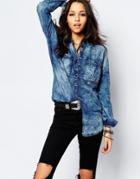 Noisy May Bleach Oversized Denim Shirt With Check Cuff - Blue