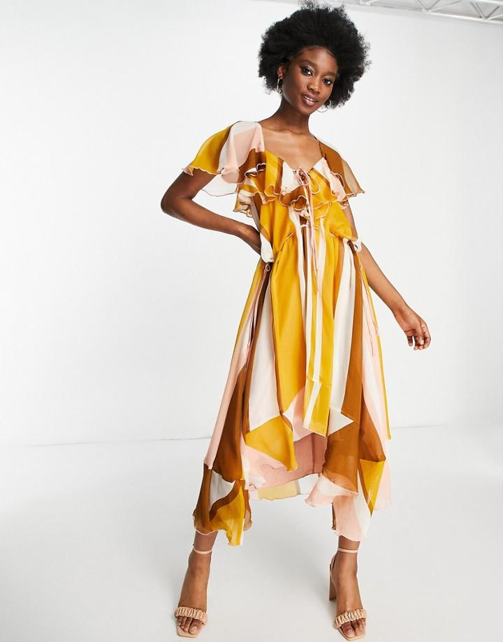 Asos Design Ruffle Midi Dress With Lace Up Front Detail In Stripe Print-multi