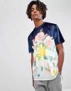 Asos Design Relaxed T-shirt In Velour With Floral Print - Navy