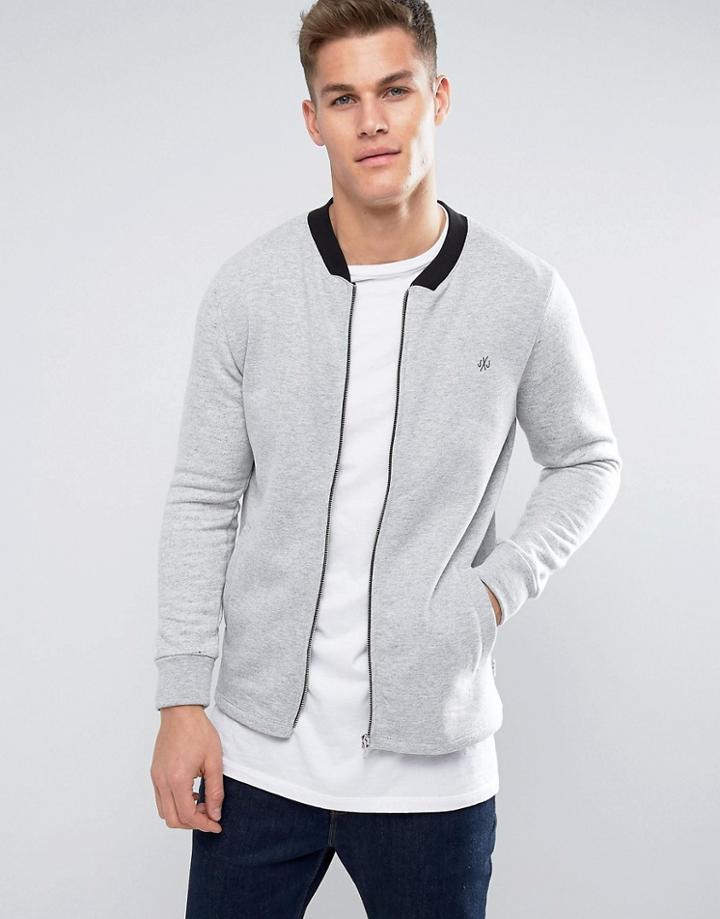 Jack & Jones Bomber Zip Sweat With Contrast Sleeve - Gray