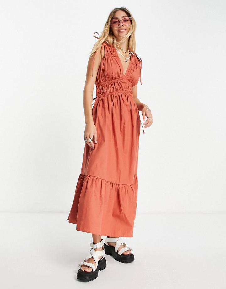 Topshop Elasticated Ruched Waist Pinny Dress In Rust-red