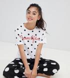 Asos Design Petite Dream Often Embroidered Polka Dot Wide Leg Pyjama Set-black