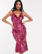 Needle & Thread Sequin Midi Dress With Frill Detail In Raspberry-red