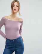 Asos Top With Off Shoulder In Rib - Purple