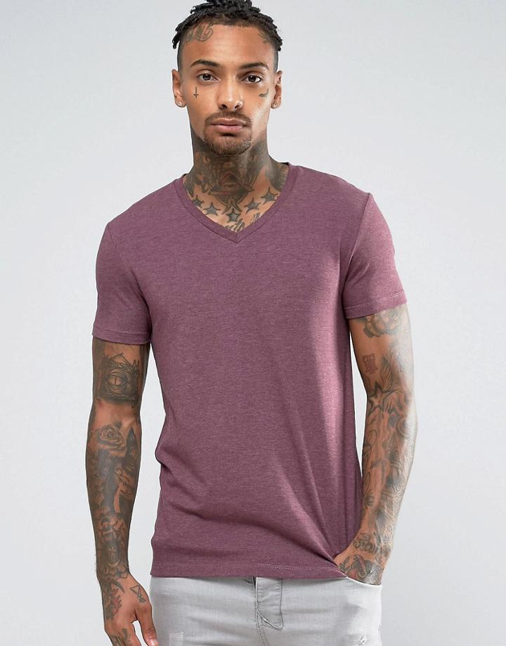 Asos Muscle T-shirt With V Neck In Red Marl - Red