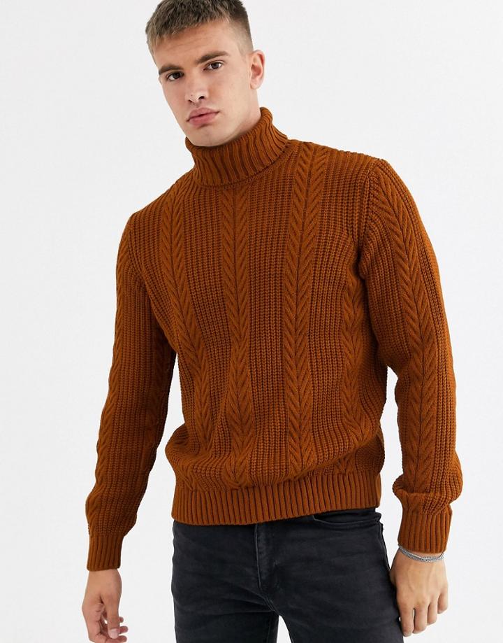 New Look Cable Pattern Roll Neck Sweater In Burnt Orange