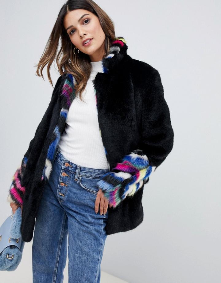 Urbancode Faux Fur Coat With Bright Fur Trim-multi