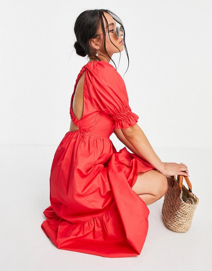 Topshop Ruched Shoulder Poplin Smock Midi Dress In Red