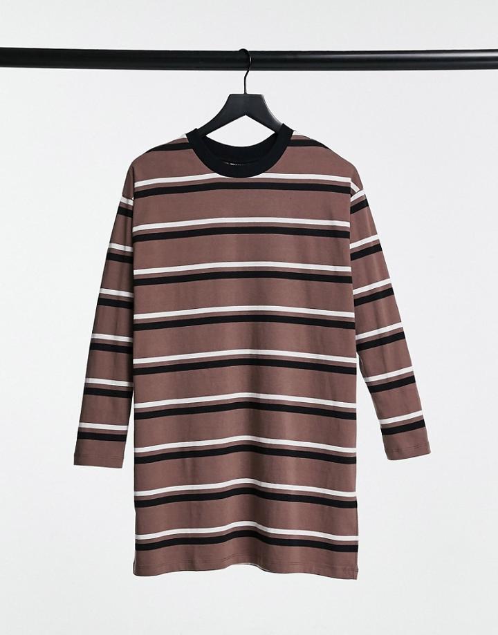 Asos Design Oversized Long Sleeve T-shirt Dress In Taupe, Black And White Stripes