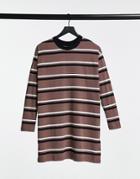 Asos Design Oversized Long Sleeve T-shirt Dress In Taupe, Black And White Stripes