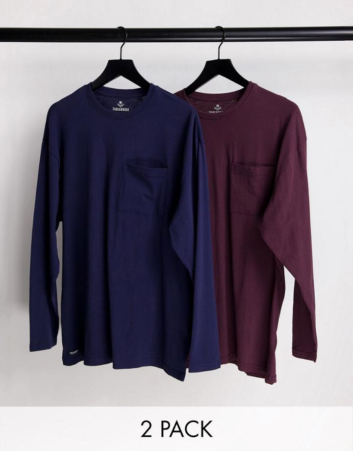 Threadbare Lounge Richmond 2 Pack Longe Sleeve T Shirt In Navy And Burgundy