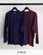 Threadbare Lounge Richmond 2 Pack Longe Sleeve T Shirt In Navy And Burgundy