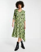 Topshop Frill Floral Print Midi Dress In Green