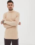 Asos Design Muscle Fit Long Sleeve Roll Neck T-shirt With Stretch In Beige - Beige