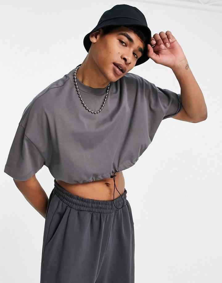 Asos Design Heavyweight Oversized Crop T-shirt With Toggle In Washed Black