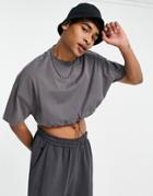 Asos Design Heavyweight Oversized Crop T-shirt With Toggle In Washed Black