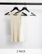 Weekday Stella Cotton 2 Pack Rib Racer Tank Top In White And Beige - Multi