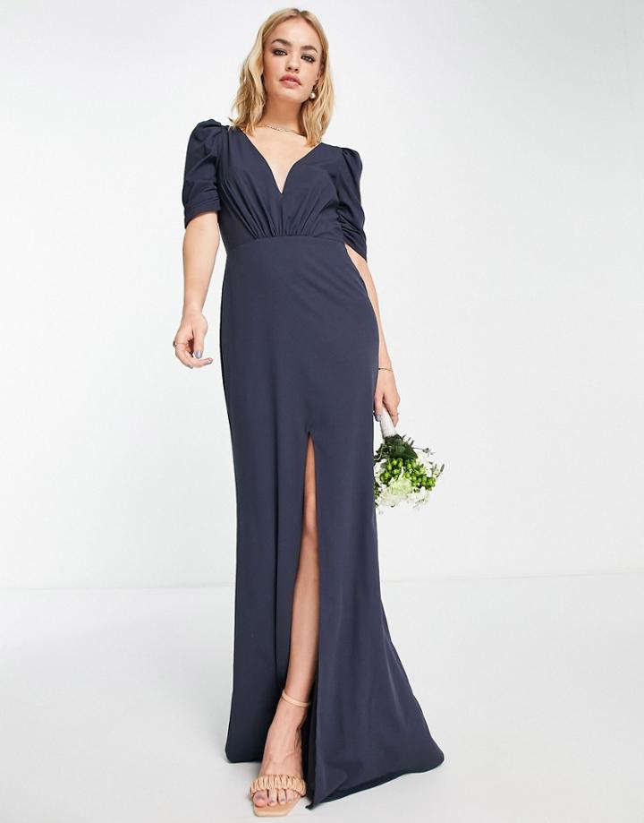 Maya Bridesmaid Open Back V Neck Maxi Dress In Navy-blue