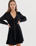 Asos Design Denim Long Sleeve Button Through Tea Dress In Washed Black - Blue