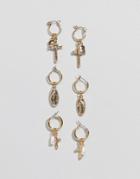 Asos Design Pack Of 3 Hoop Earrings With Vintage Style Faux Pearl And Icon Design In Gold - Gold