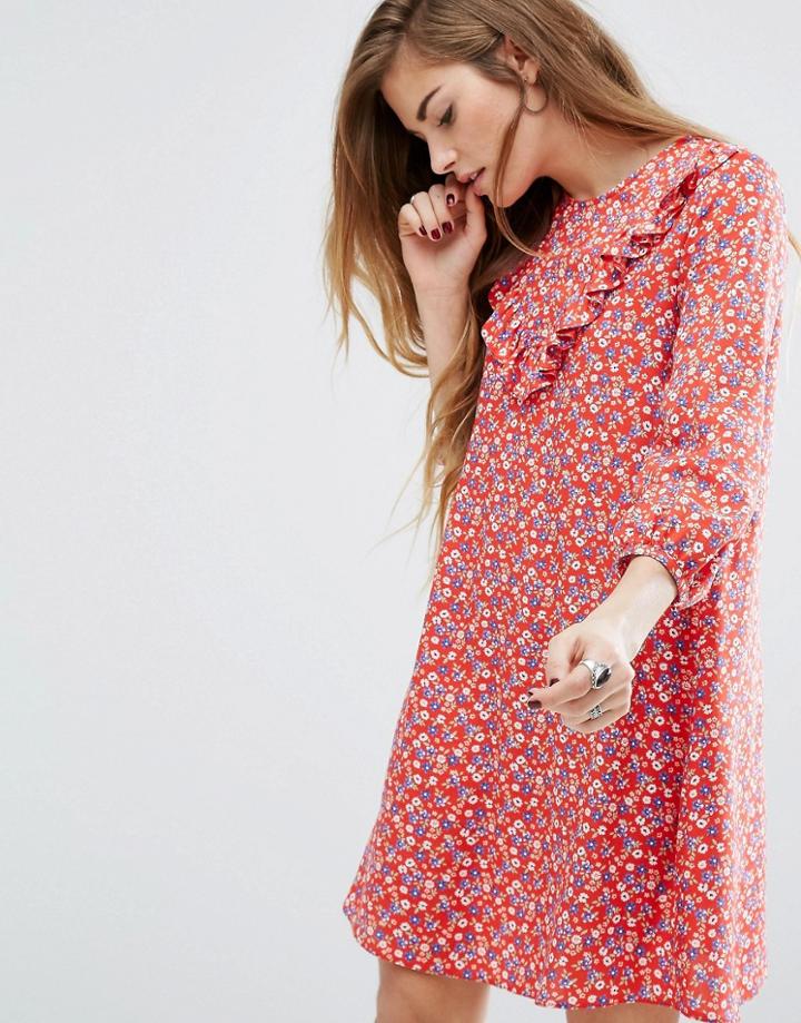 Nobody's Child Frill Front Smock Dress In Disty Floral - Red