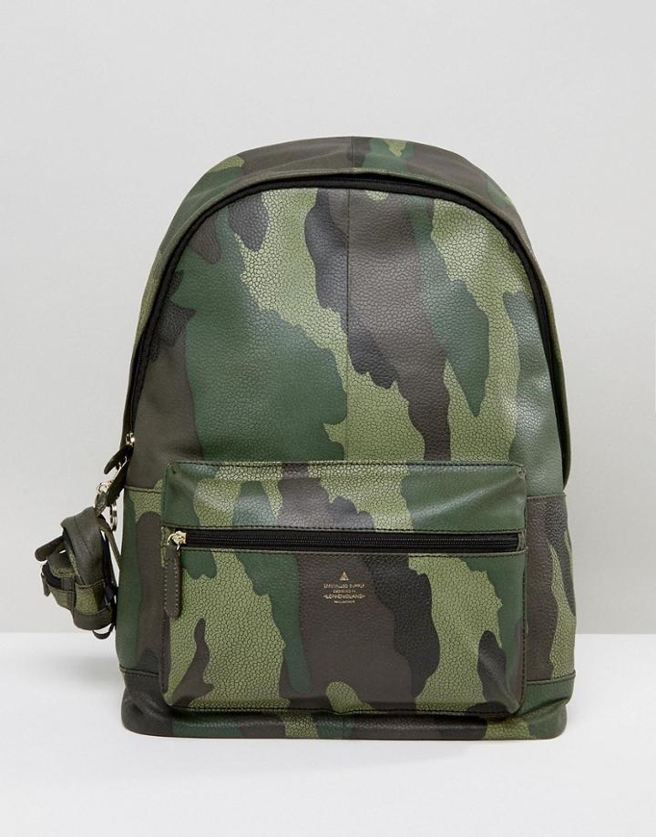 Asos Leather Backpack In Camo With Keychain - Green